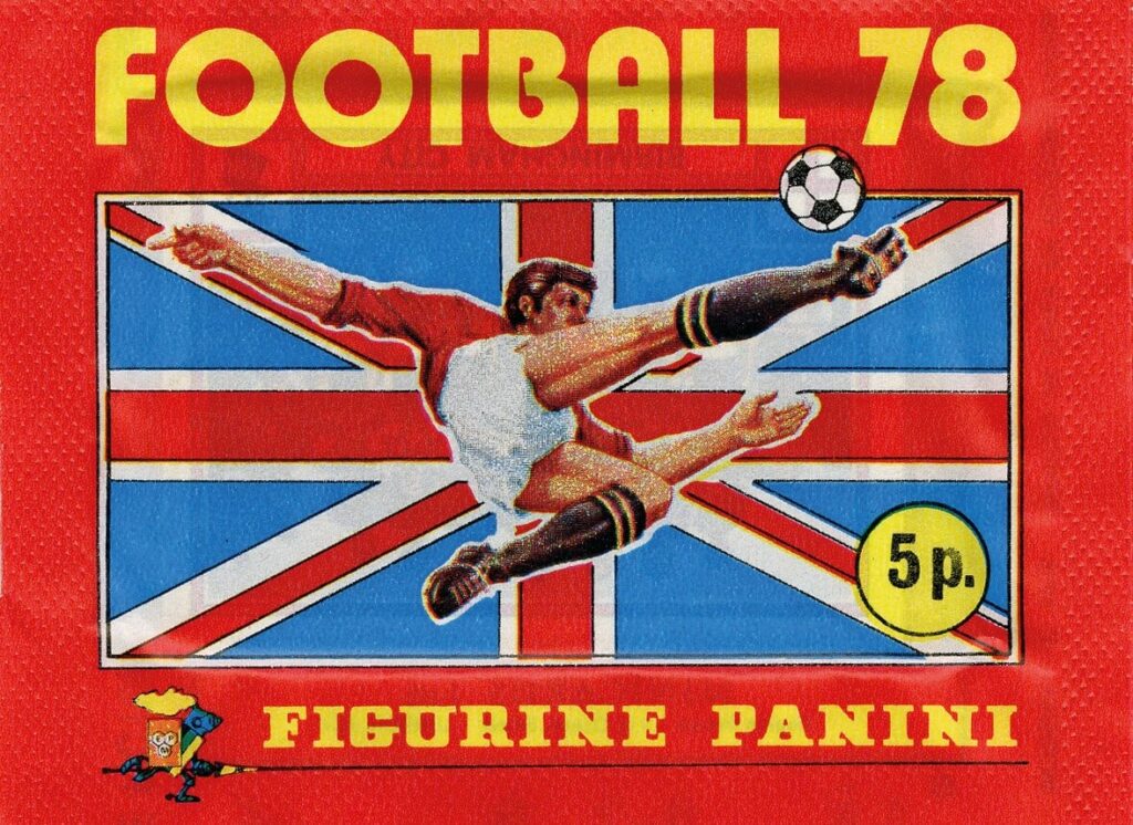The image shows a poster of a soccer player kicking a soccer ball in front of a British flag. The text "FOOTBALL 78" and "5p. FIGURINE PANINI" are printed on the poster.