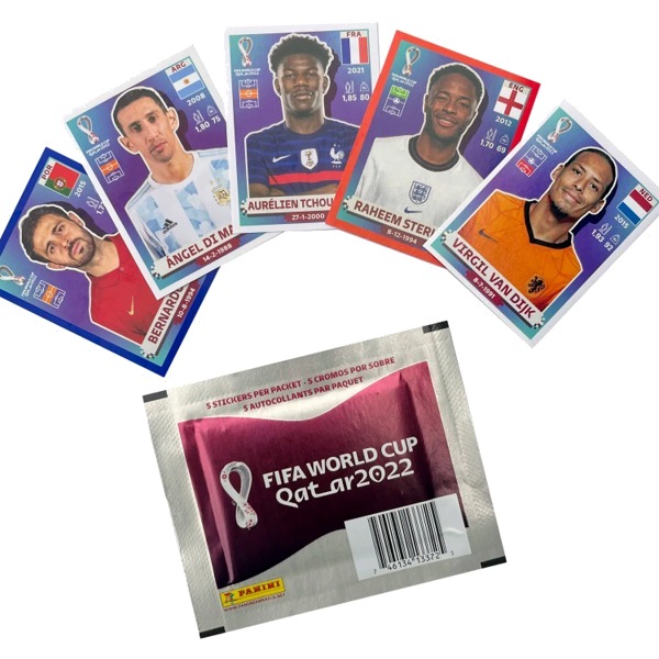 5 different player Panini cards in an arch on a white background.